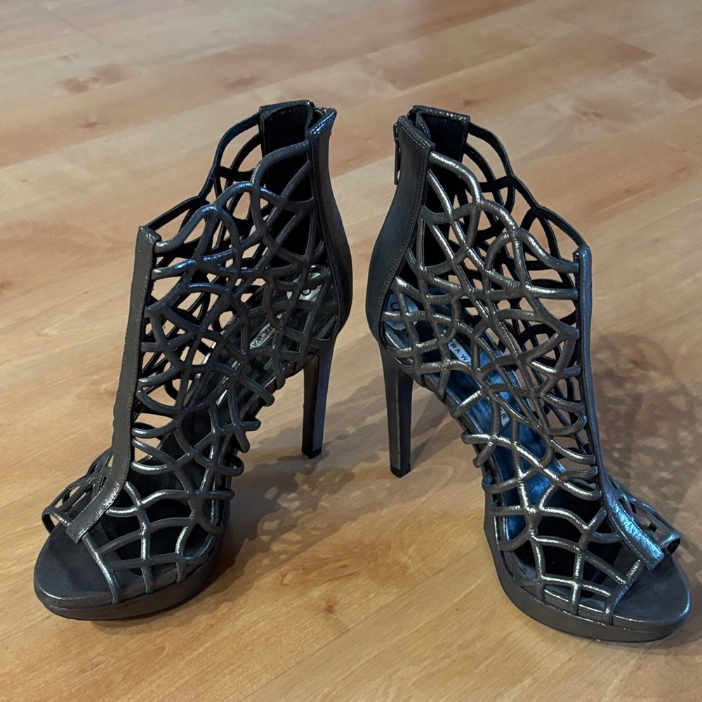 Vera Wang Metallic Gunmetal Cage High-Heel Sandals - Picture 2 of 6